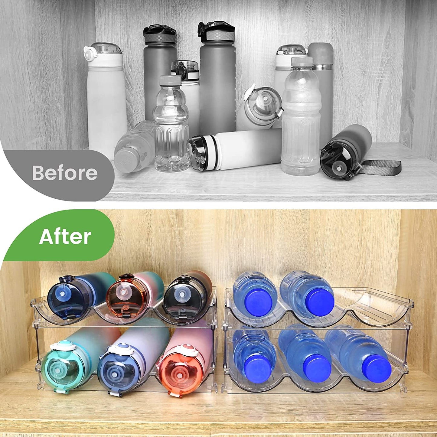 Stackable Water Bottle Organizer Rack – 2 Pack, Space-Saving Plastic Holder for Cabinet, Pantry, Fridge & Countertops