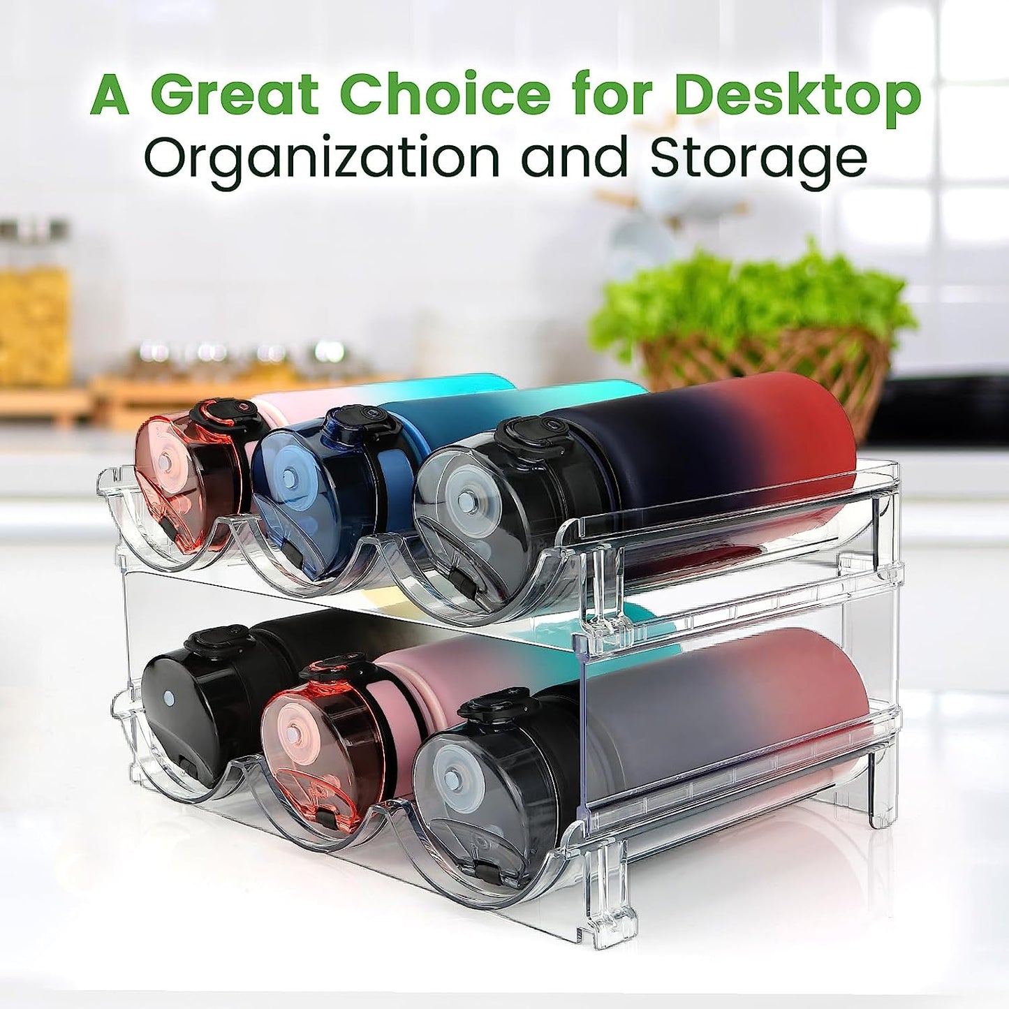 Stackable Water Bottle Organizer Rack – 2 Pack, Space-Saving Plastic Holder for Cabinet, Pantry, Fridge & Countertops